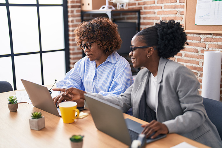 Two women working on laptop in office