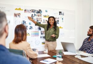 woman directing a team whiteboard meeting